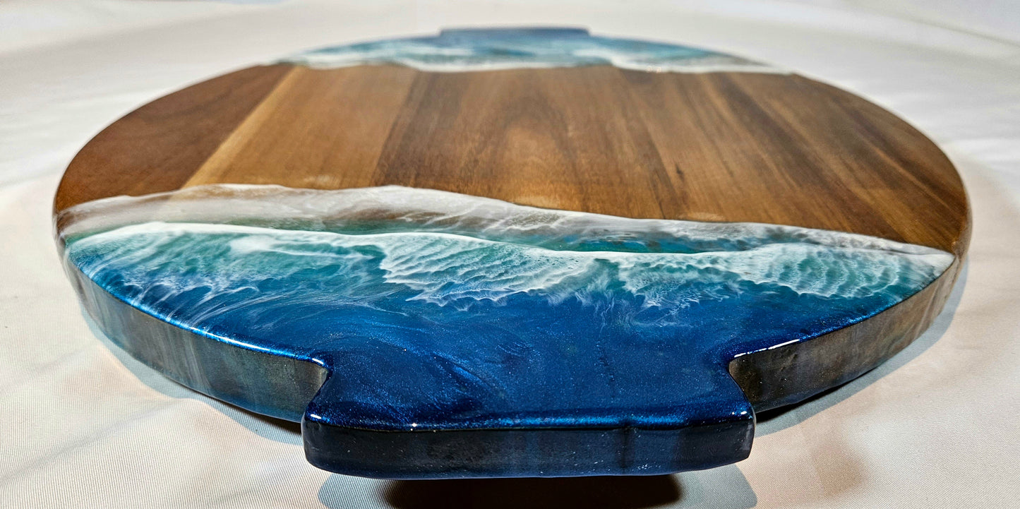 Round Lazy Susan Serving Board with Ocean Wave Resin Art