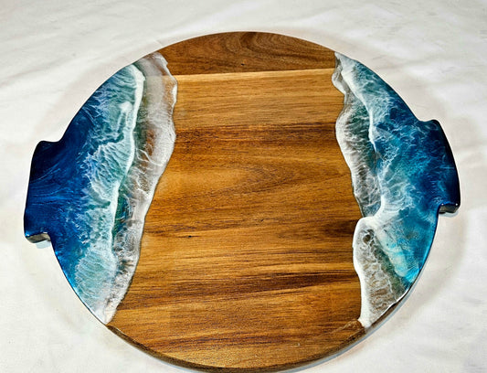 Round Lazy Susan Serving Board with Ocean Wave Resin Art