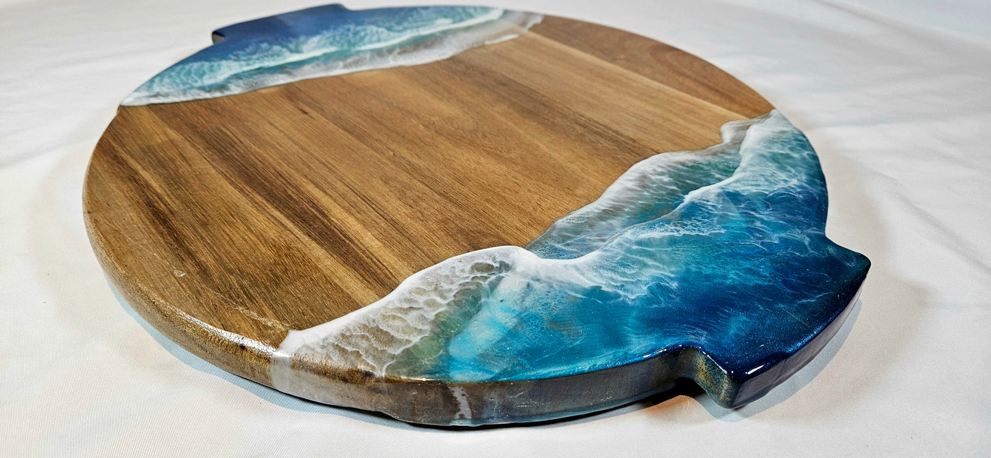 Round Lazy Susan Serving Board with Ocean Wave Resin Art