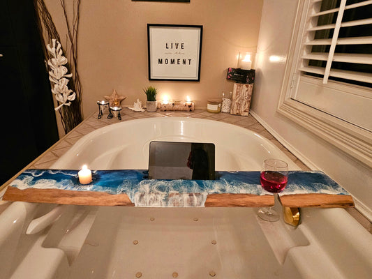 Live Edge Wood Bath Caddy Tray with Beach Ocean Resin Art