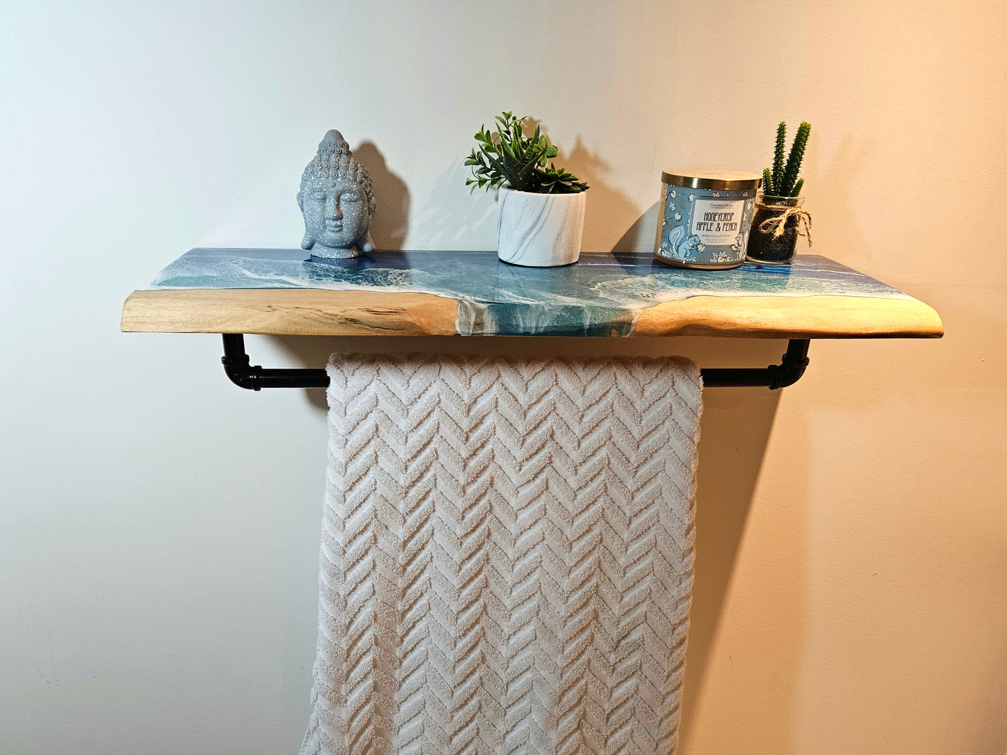 Ocean Resin Wooden Shelf with Iron Towel Rack Holder