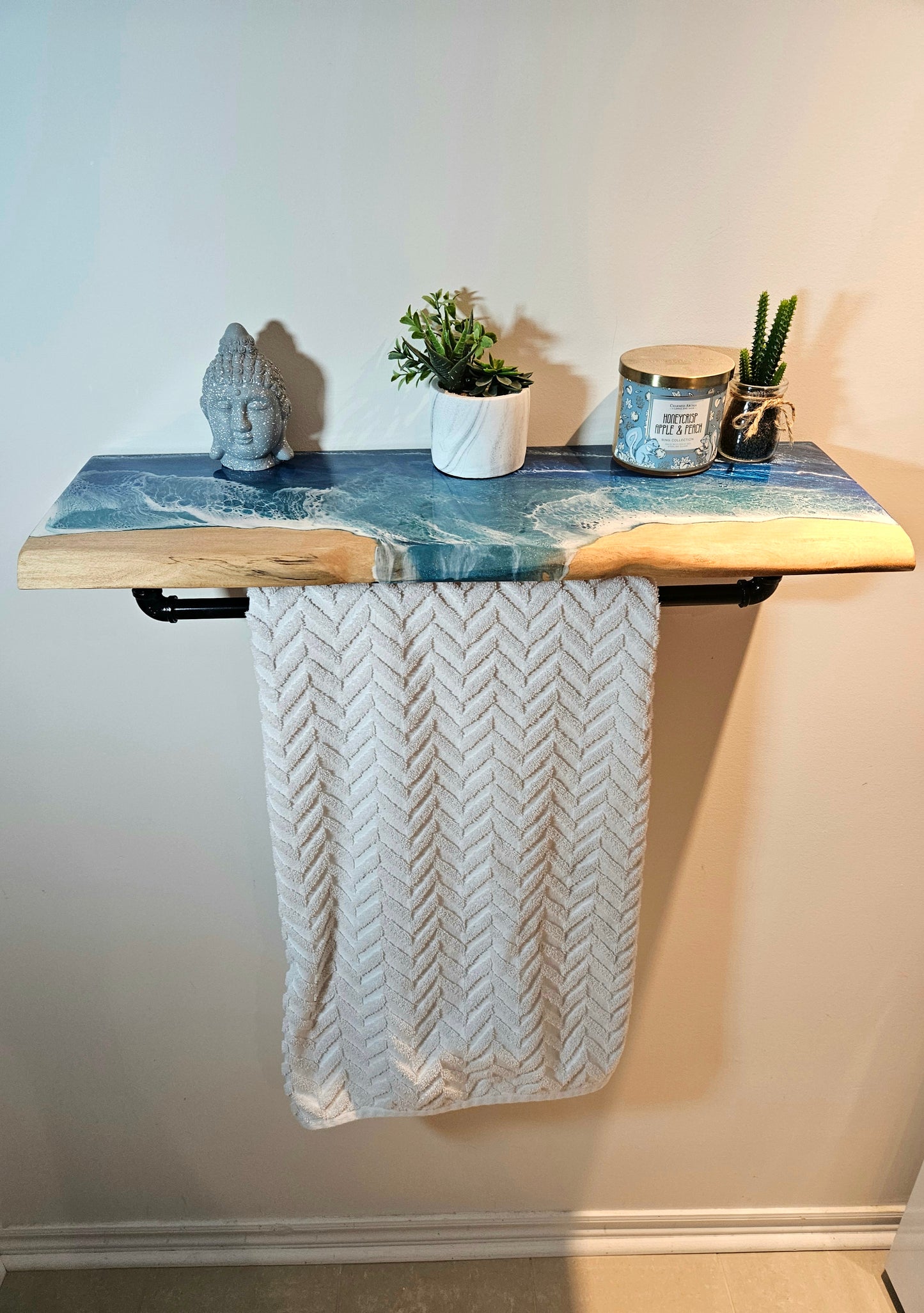 Ocean Resin Wooden Shelf with Iron Towel Rack Holder