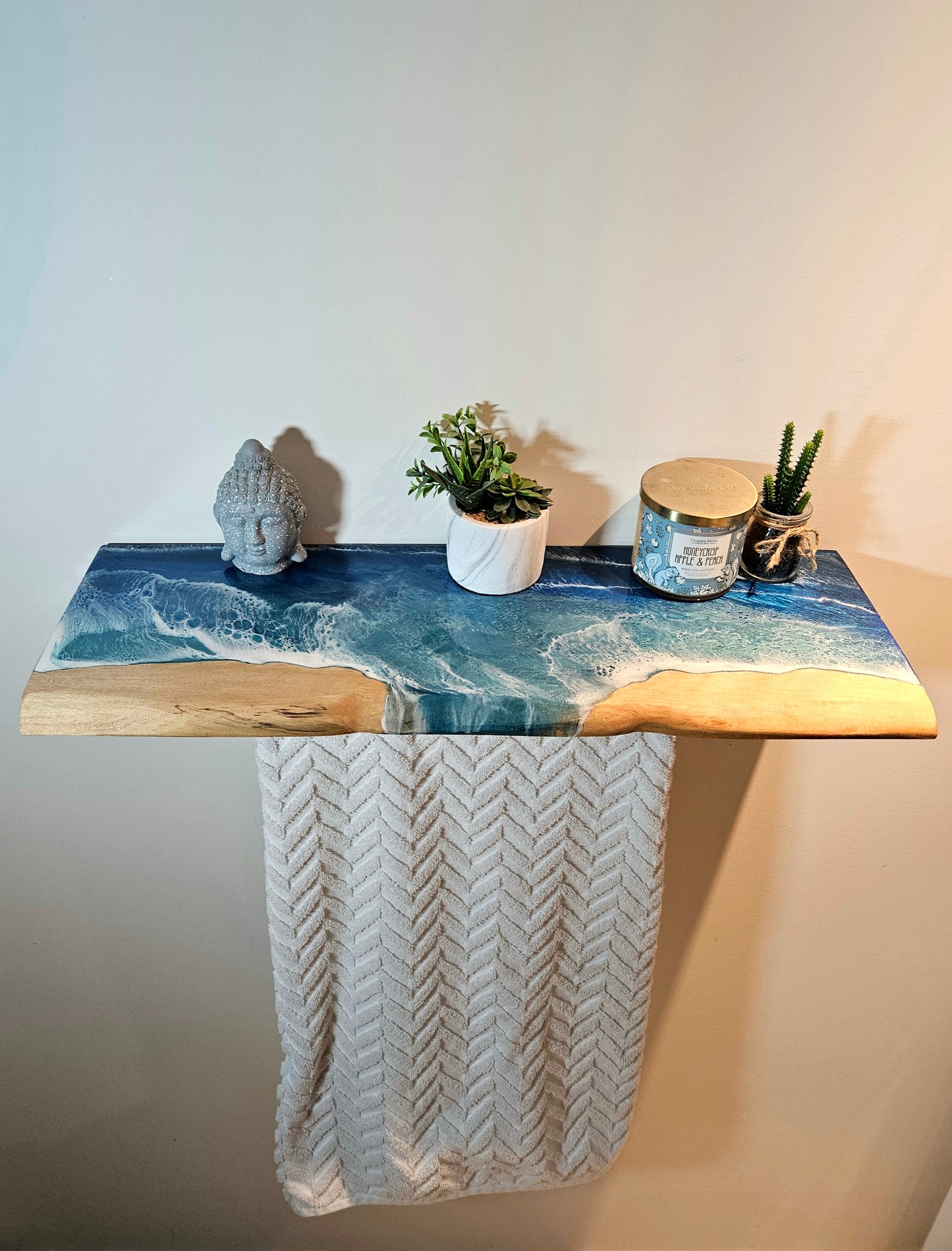 Ocean Resin Wooden Shelf with Iron Towel Rack Holder