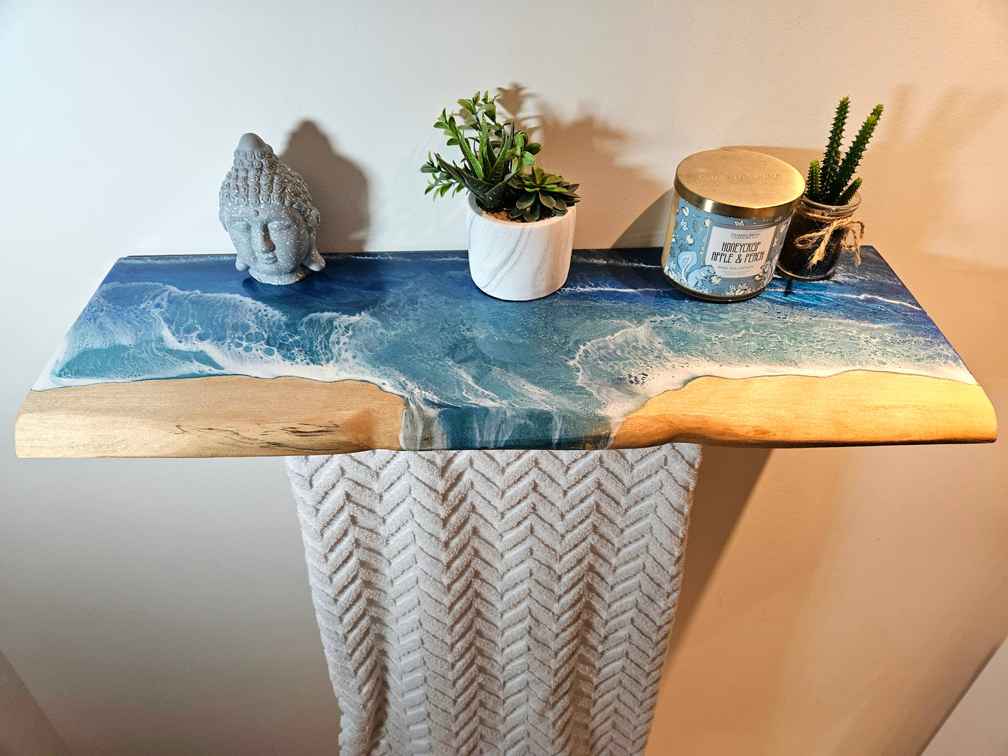 Ocean Resin Wooden Shelf with Iron Towel Rack Holder