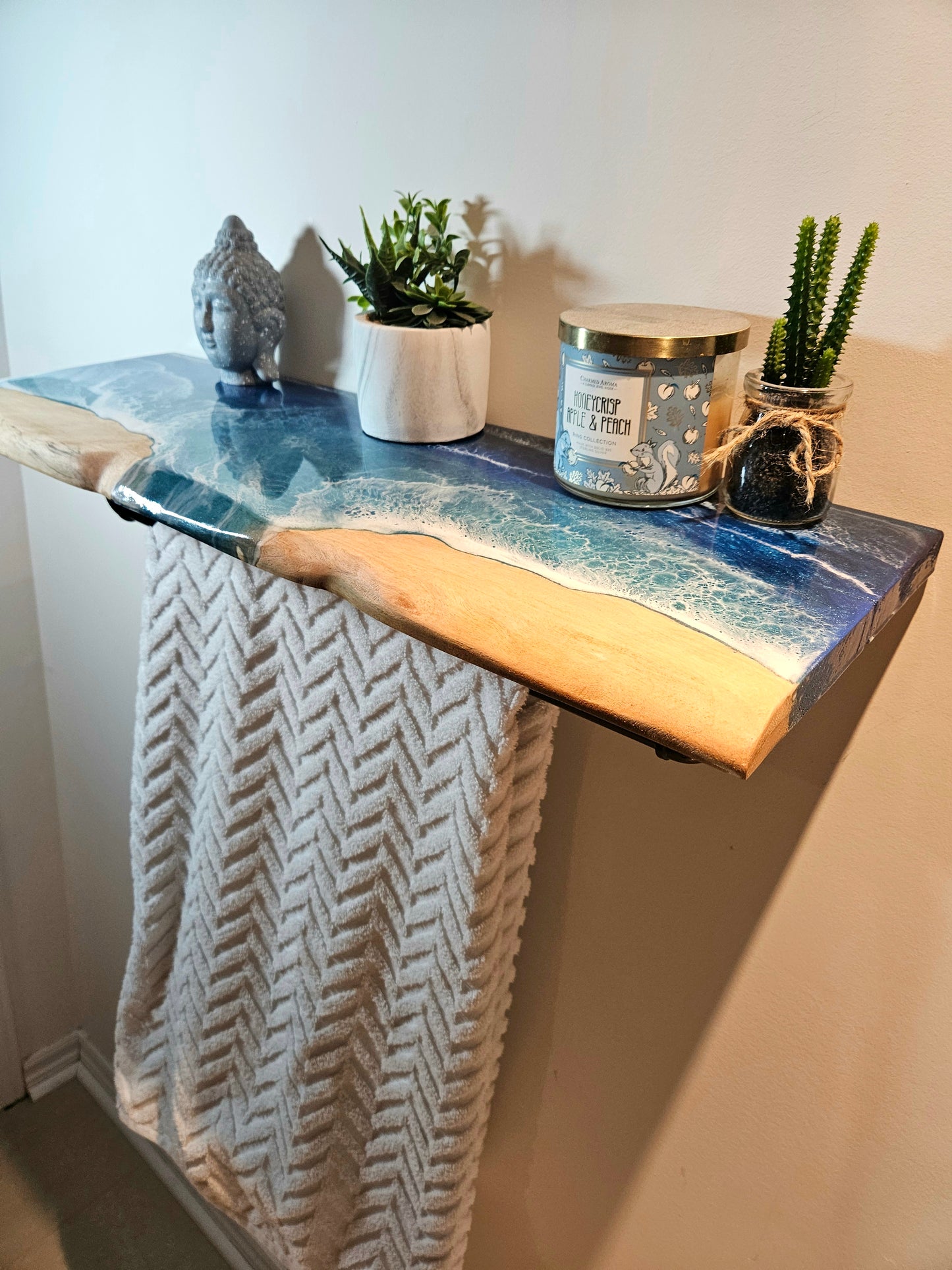 Ocean Resin Wooden Shelf with Iron Towel Rack Holder