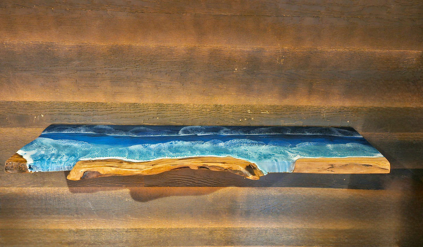 Floating Live Edge Wooden Shelf with Beach Ocean Resin Waves