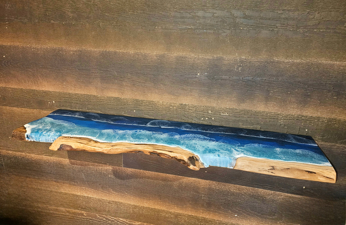 Floating Live Edge Wooden Shelf with Beach Ocean Resin Waves