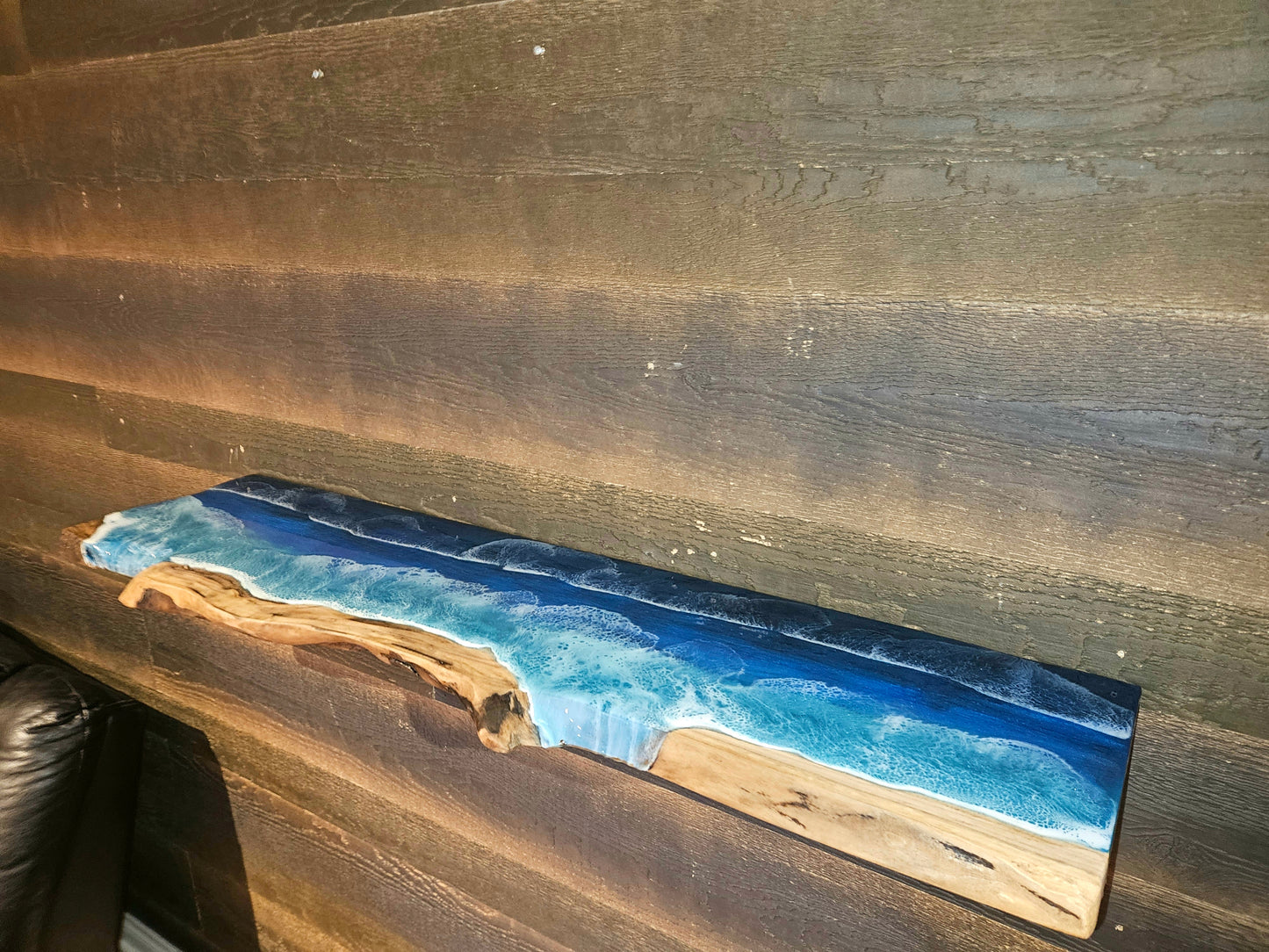 Floating Live Edge Wooden Shelf with Beach Ocean Resin Waves