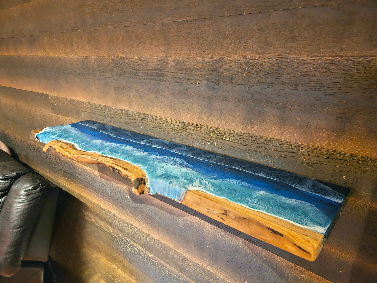 Floating Live Edge Wooden Shelf with Beach Ocean Resin Waves