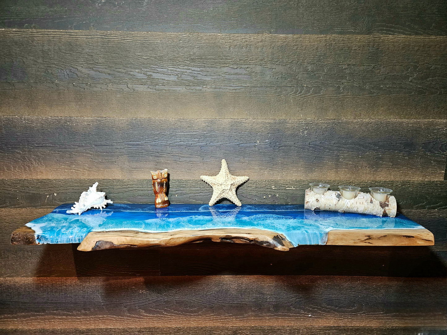 Floating Live Edge Wooden Shelf with Beach Ocean Resin Waves