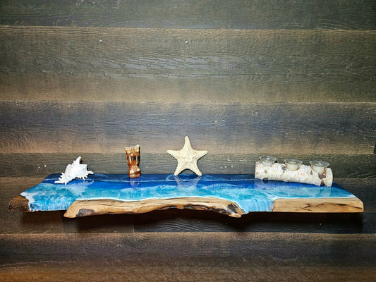 Floating Live Edge Wooden Shelf with Beach Ocean Resin Waves