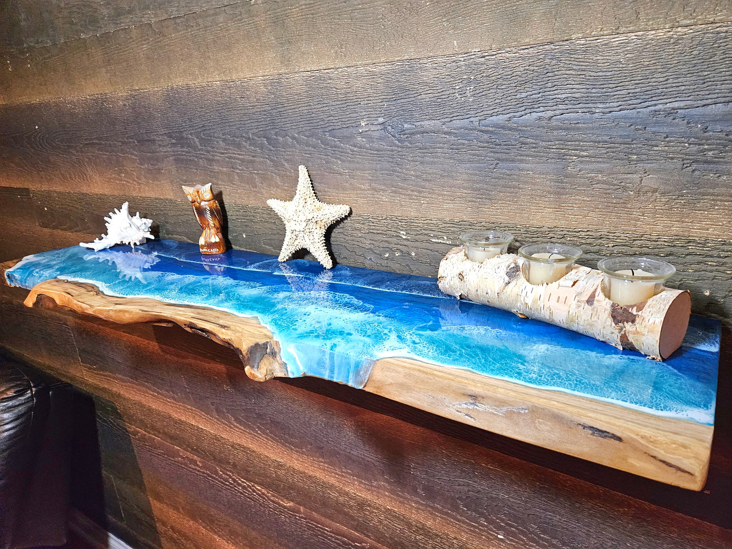 Floating Live Edge Wooden Shelf with Beach Ocean Resin Waves