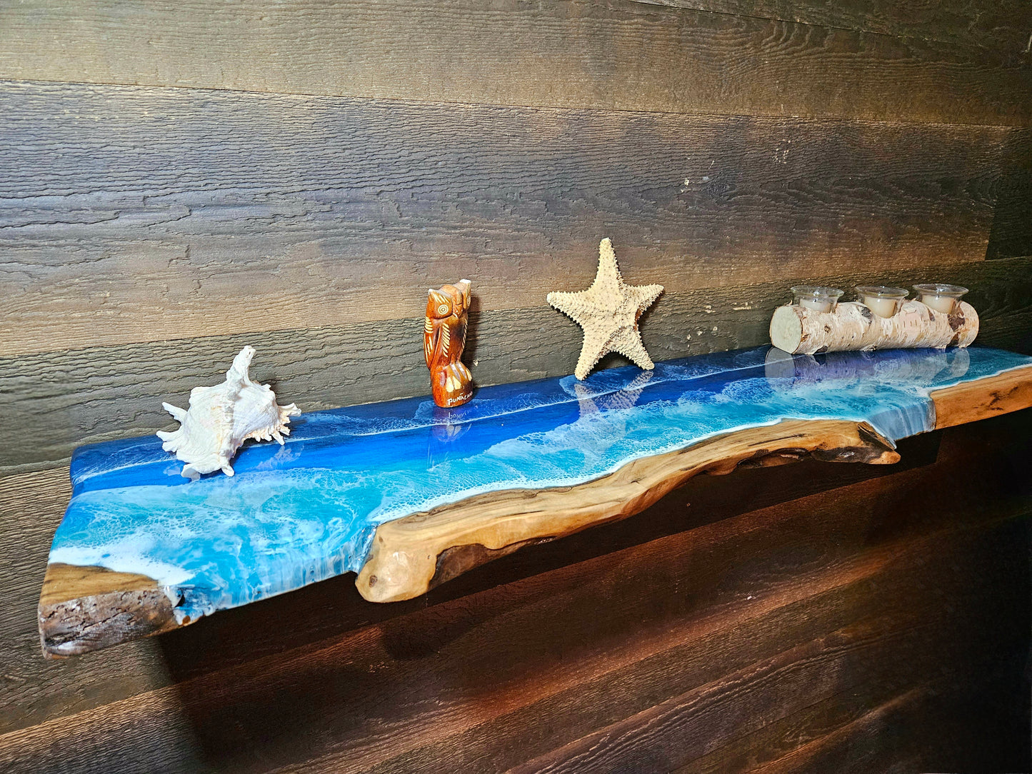 Floating Live Edge Wooden Shelf with Beach Ocean Resin Waves