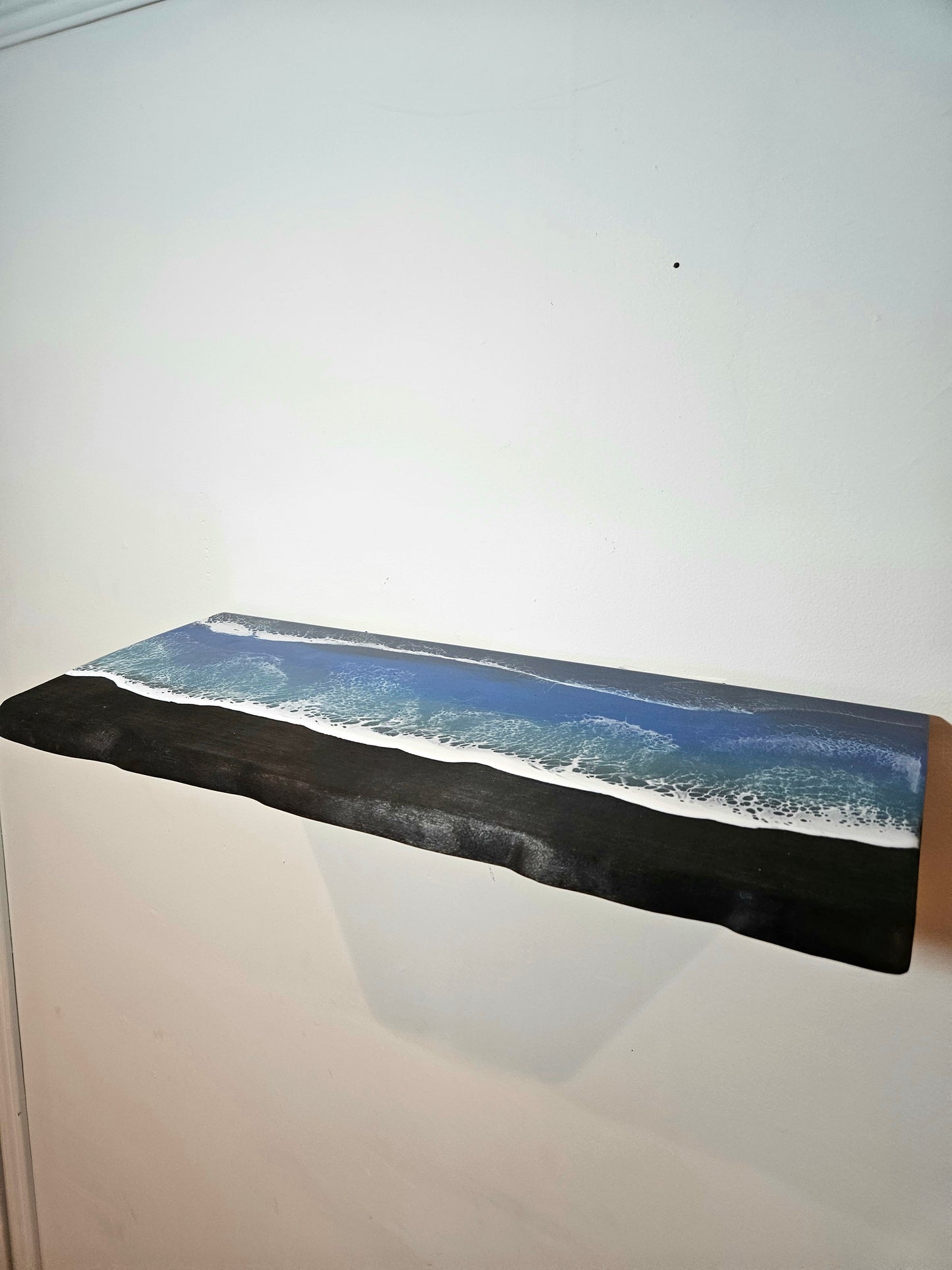 Sugi Ban Wooden floating Shelf with Beach Ocean Resin Waves /Burned Wood and Epoxy Shelf / Bathroom Decor / Contemporary Wood Art / Homemade