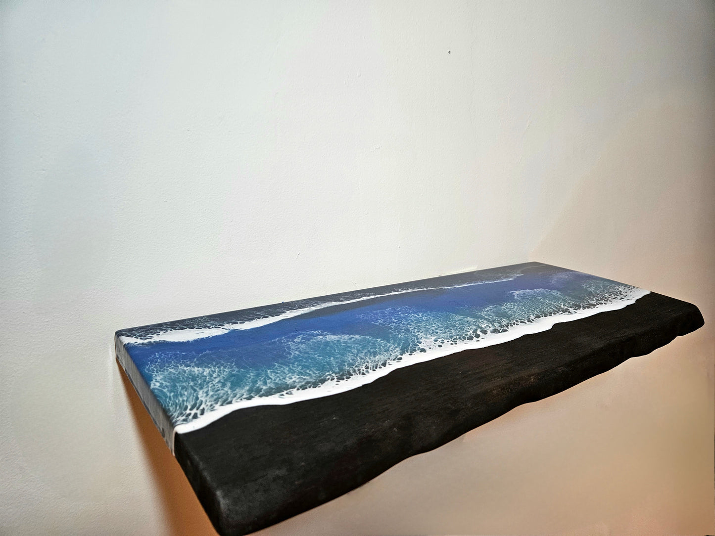 Sugi Ban Wooden floating Shelf with Beach Ocean Resin Waves /Burned Wood and Epoxy Shelf / Bathroom Decor / Contemporary Wood Art / Homemade