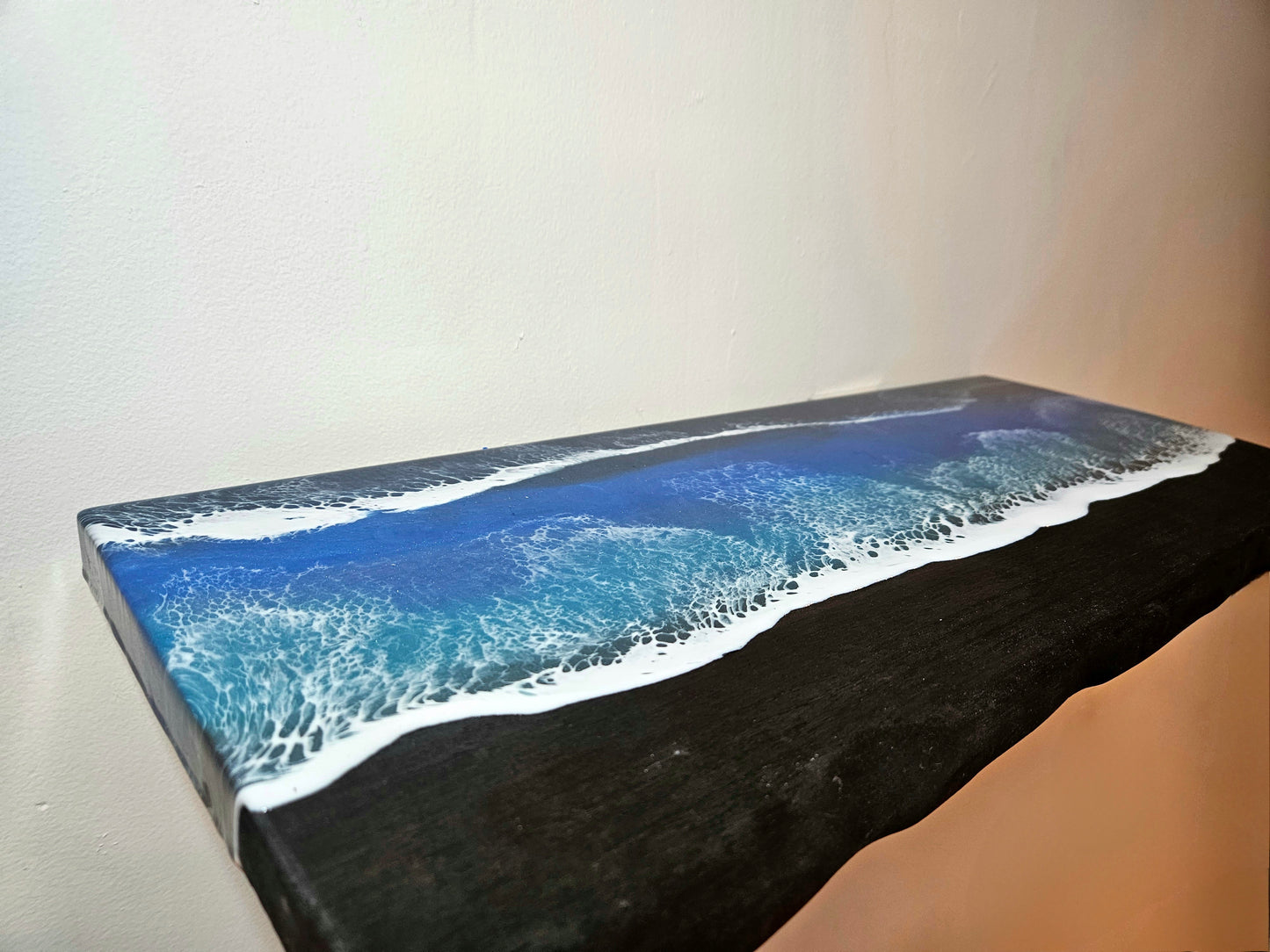 Sugi Ban Wooden floating Shelf with Beach Ocean Resin Waves /Burned Wood and Epoxy Shelf / Bathroom Decor / Contemporary Wood Art / Homemade