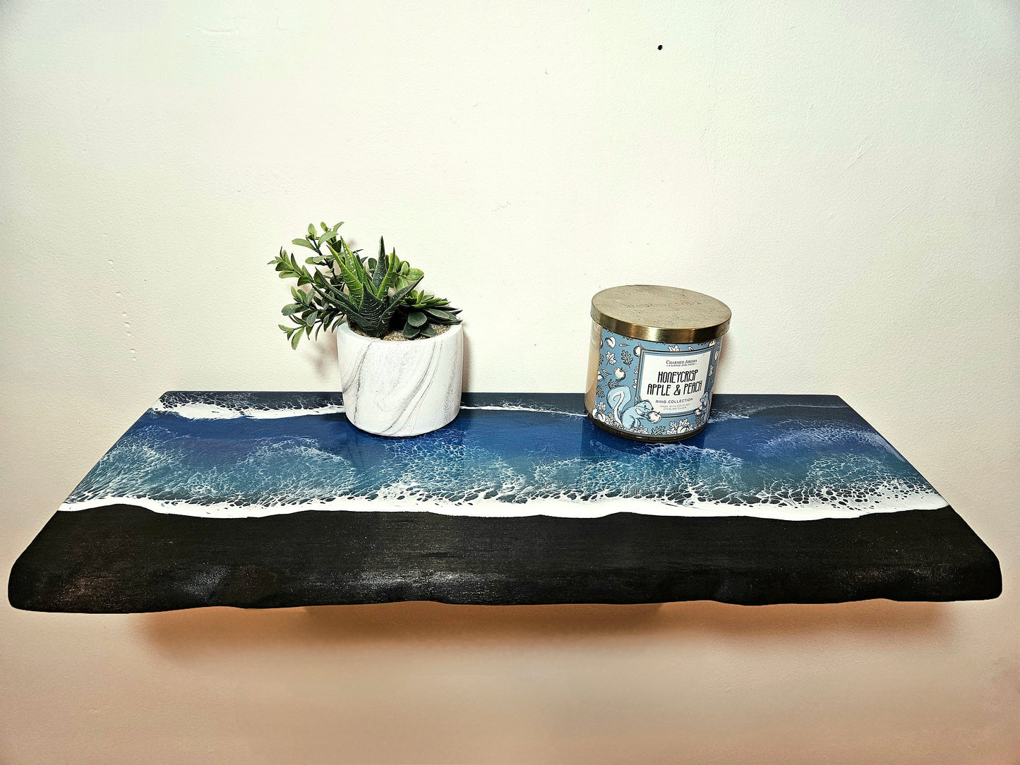 Sugi Ban Wooden floating Shelf with Beach Ocean Resin Waves /Burned Wood and Epoxy Shelf / Bathroom Decor / Contemporary Wood Art / Homemade