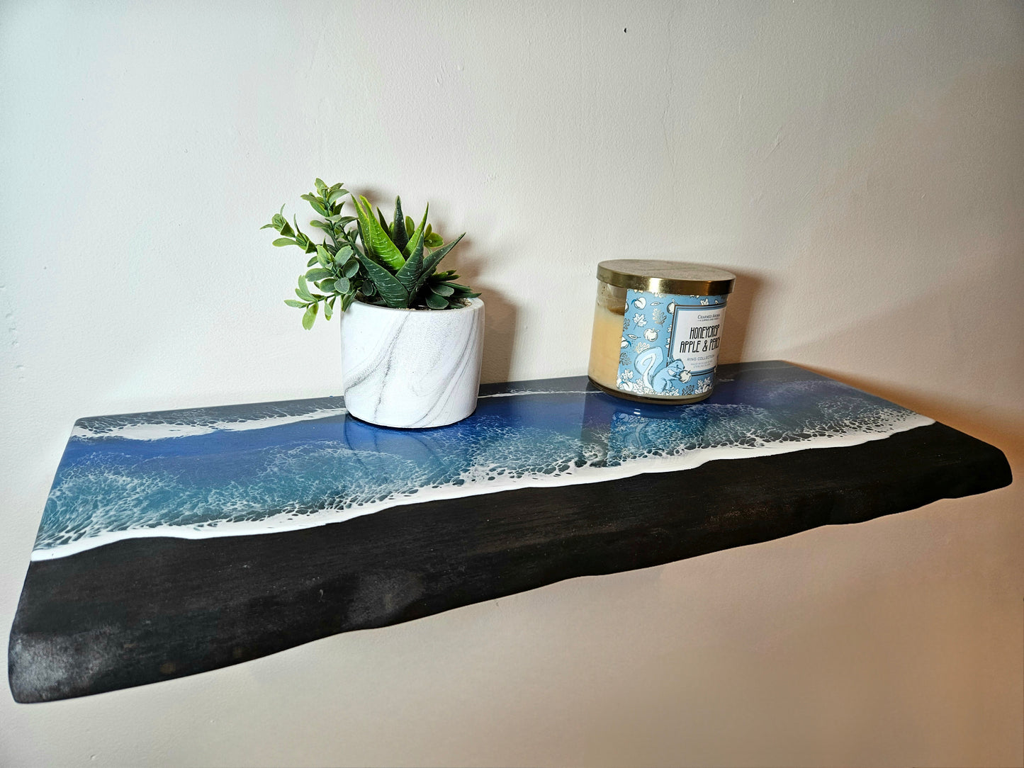 Sugi Ban Wooden floating Shelf with Beach Ocean Resin Waves /Burned Wood and Epoxy Shelf / Bathroom Decor / Contemporary Wood Art / Homemade