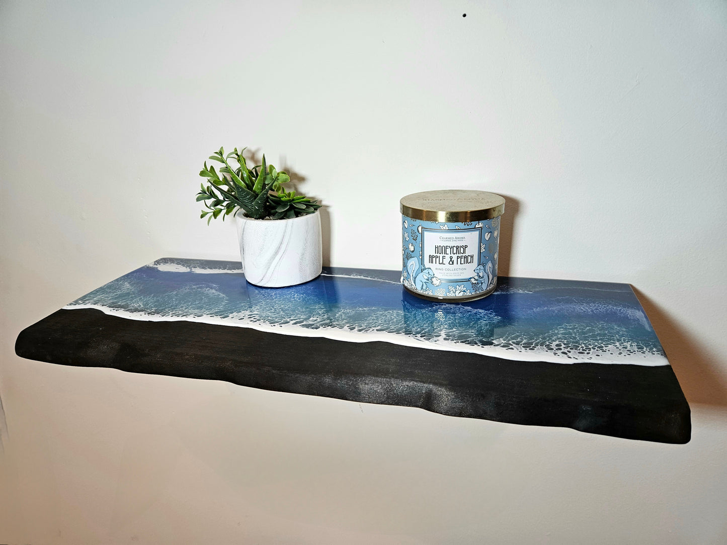 Sugi Ban Wooden floating Shelf with Beach Ocean Resin Waves /Burned Wood and Epoxy Shelf / Bathroom Decor / Contemporary Wood Art / Homemade