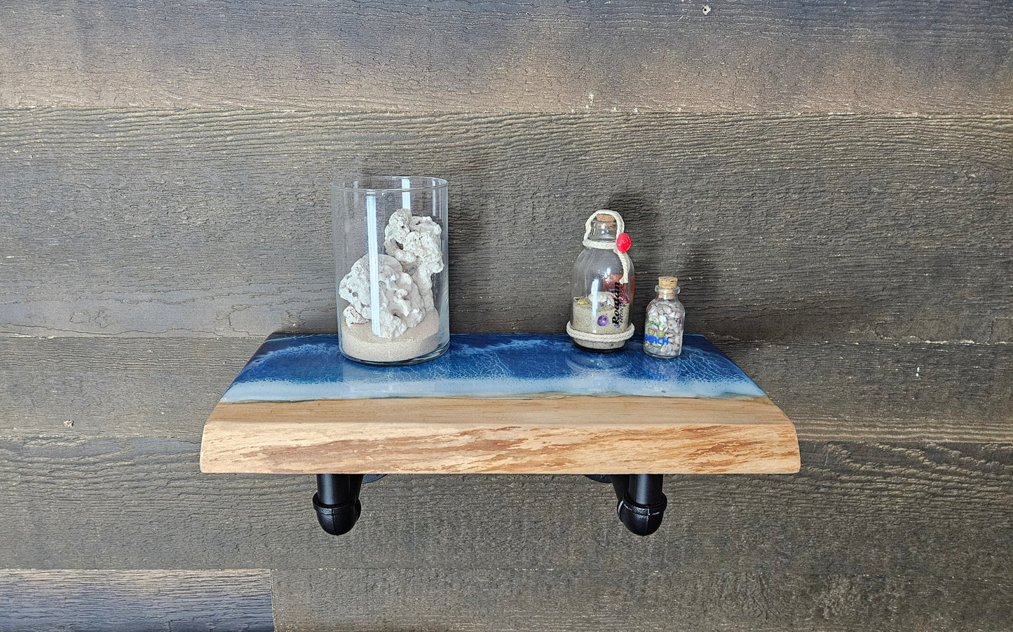 Live Edge Wooden Shelf with Beach Ocean Resin Waves and Iron Pipe Brackets / Wood and Epoxy Shelf / Bathroom Decor / Contemporary Wood Art