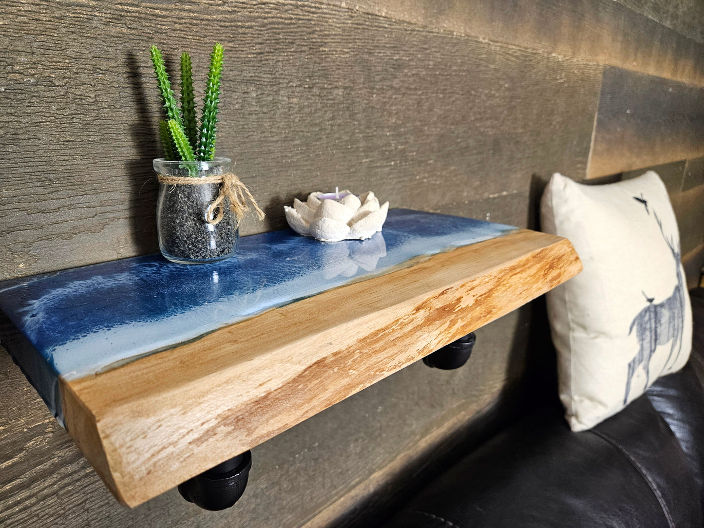 Live Edge Wooden Shelf with Beach Ocean Resin Waves and Iron Pipe Brackets / Wood and Epoxy Shelf / Bathroom Decor / Contemporary Wood Art