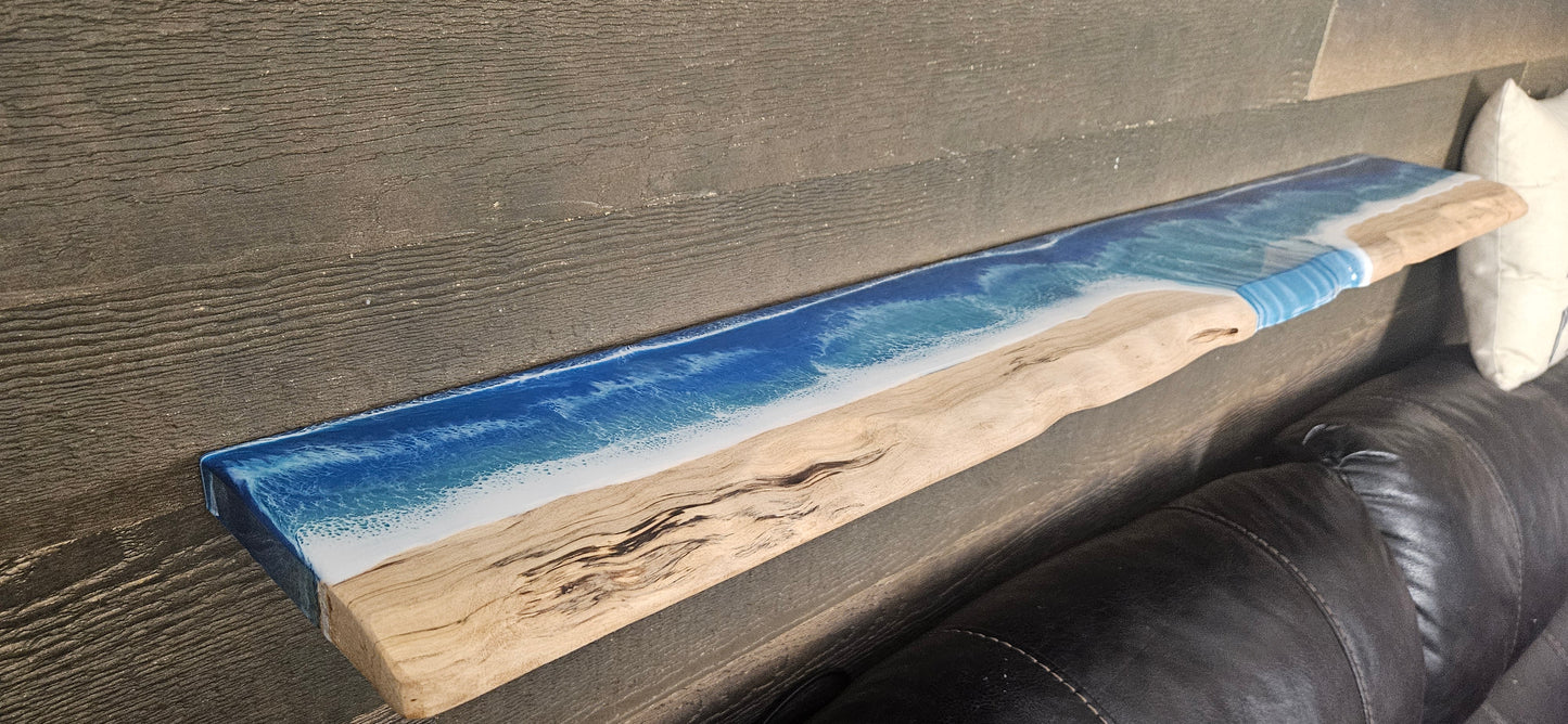 Glow in the Dark Floating Live Edge Wooden Shelf with Beach Ocean Resin Waves / Wood and Epoxy Shelf / Home Decor / Homemade