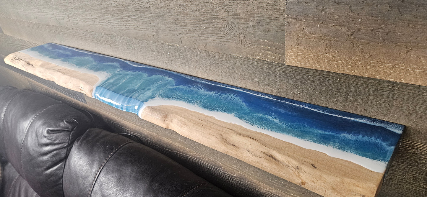 Glow in the Dark Floating Live Edge Wooden Shelf with Beach Ocean Resin Waves / Wood and Epoxy Shelf / Home Decor / Homemade