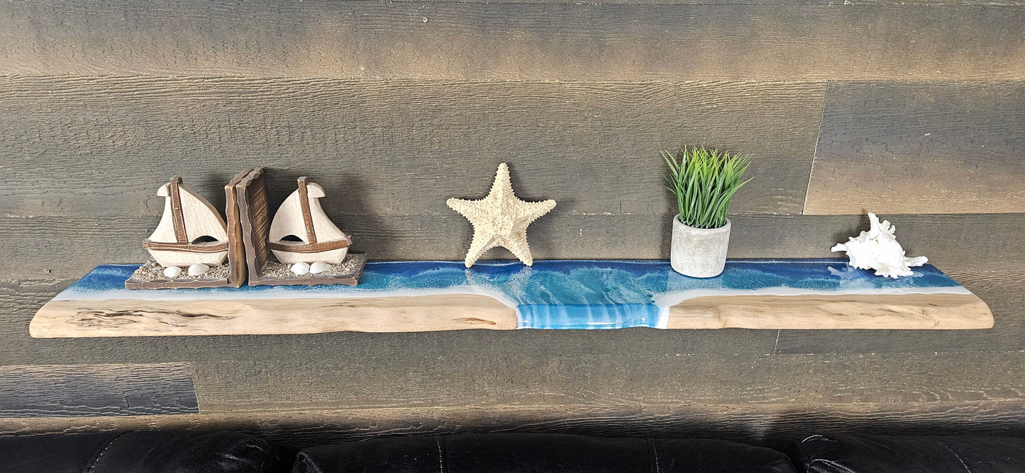 Glow in the Dark Floating Live Edge Wooden Shelf with Beach Ocean Resin Waves / Wood and Epoxy Shelf / Home Decor / Homemade