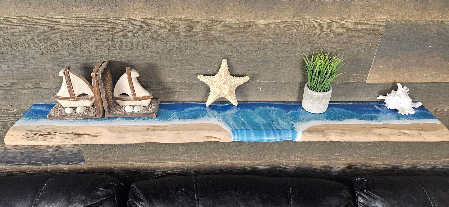 Glow in the Dark Floating Live Edge Wooden Shelf with Beach Ocean Resin Waves / Wood and Epoxy Shelf / Home Decor / Homemade