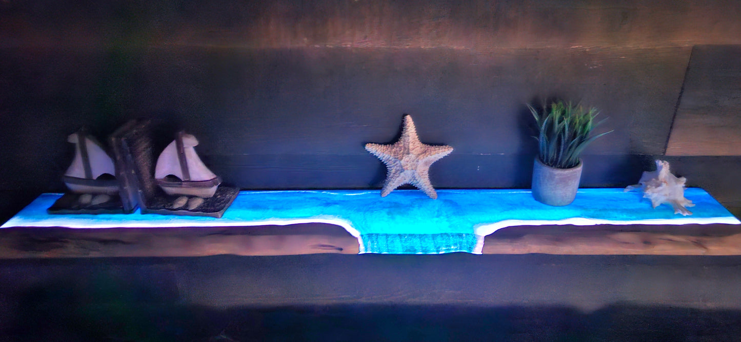 Glow in the Dark Floating Live Edge Wooden Shelf with Beach Ocean Resin Waves / Wood and Epoxy Shelf / Home Decor / Homemade