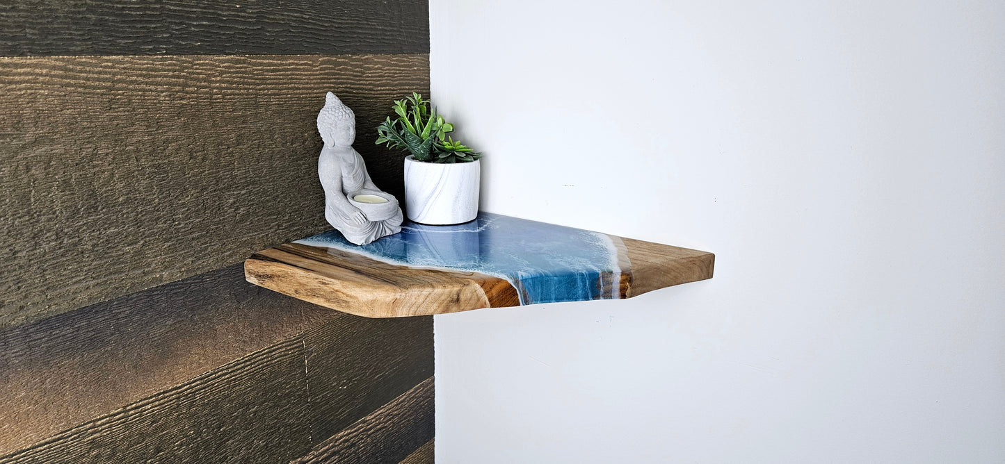 Glow in the Dark Floating Live Edge Corner Wooden Shelf with Beach Ocean Resin Waves / Wood and Epoxy Shelf / Homemade / Plant Shelf / Boho