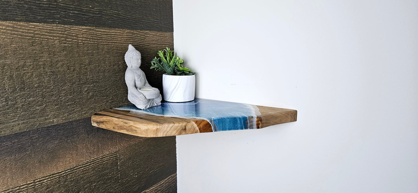 Glow in the Dark Floating Live Edge Corner Wooden Shelf with Beach Ocean Resin Waves / Wood and Epoxy Shelf / Homemade / Plant Shelf / Boho