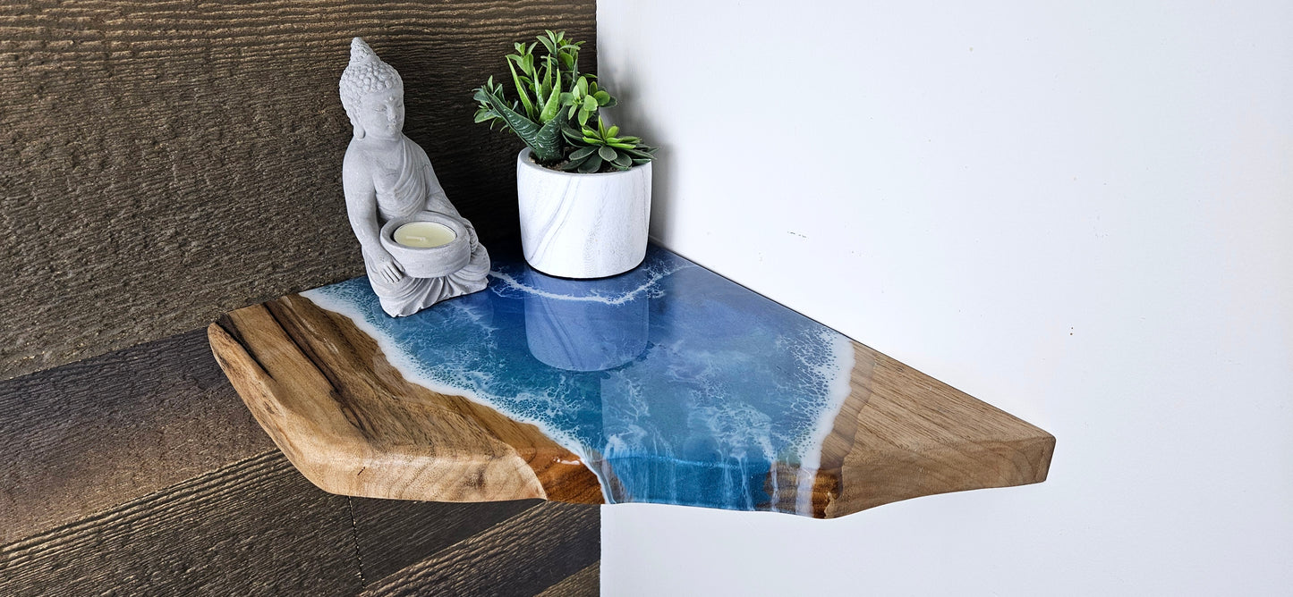 Glow in the Dark Floating Live Edge Corner Wooden Shelf with Beach Ocean Resin Waves / Wood and Epoxy Shelf / Homemade / Plant Shelf / Boho