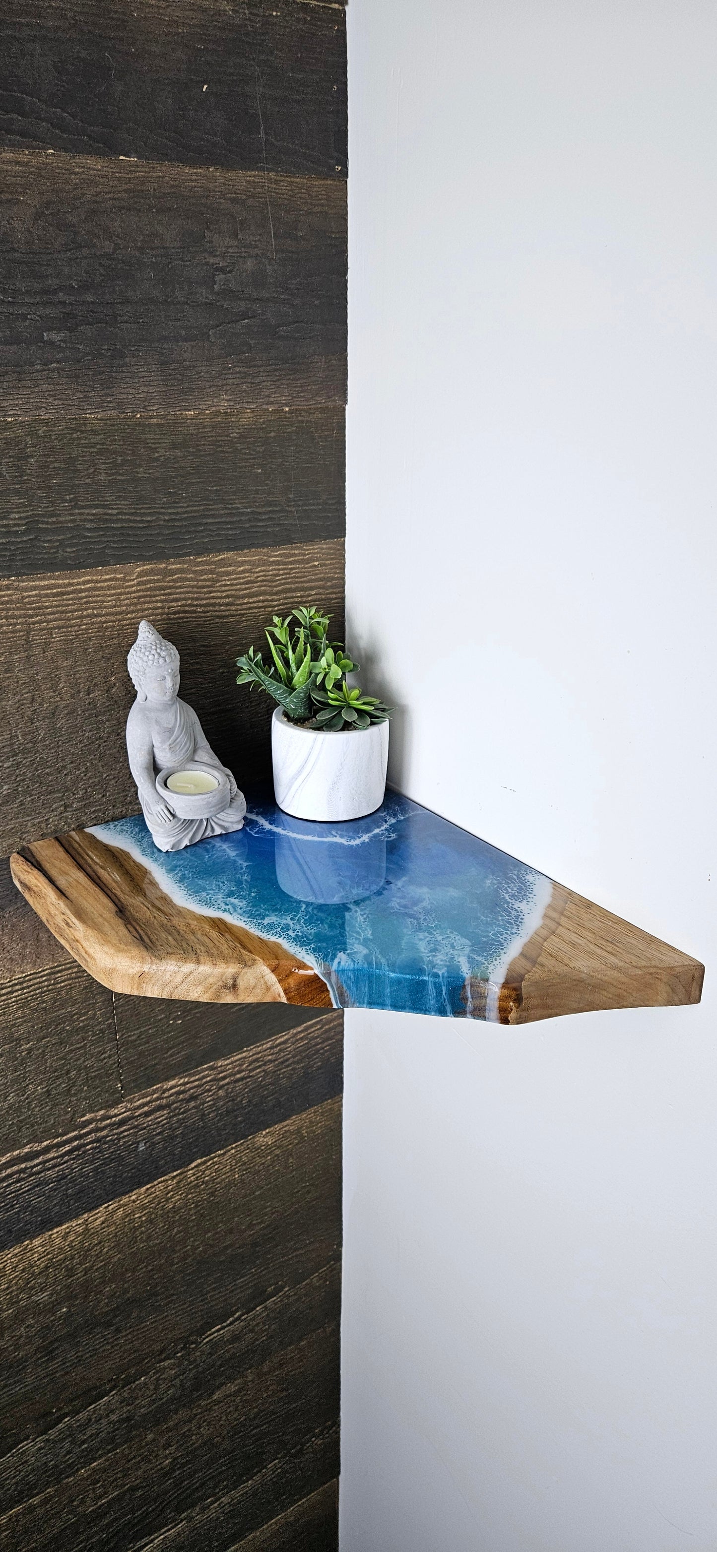 Glow in the Dark Floating Live Edge Corner Wooden Shelf with Beach Ocean Resin Waves / Wood and Epoxy Shelf / Homemade / Plant Shelf / Boho