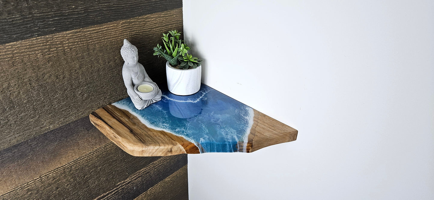 Glow in the Dark Floating Live Edge Corner Wooden Shelf with Beach Ocean Resin Waves / Wood and Epoxy Shelf / Homemade / Plant Shelf / Boho