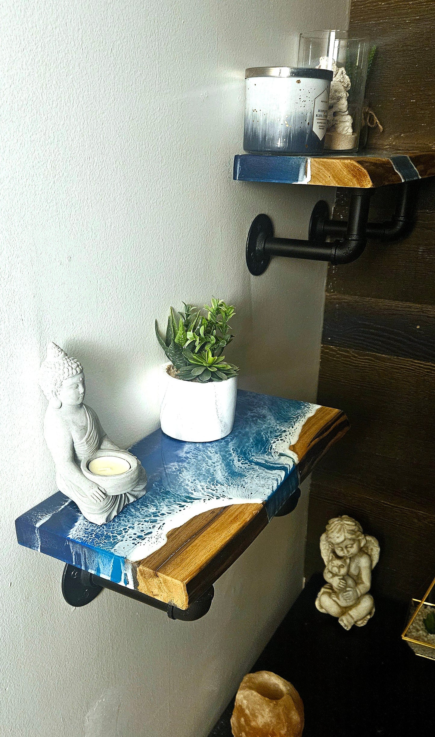 Live Edge Wooden Shelf with Beach Ocean Resin Waves and Iron Pipe Brackets / Wood and Epoxy Shelf / Bathroom Decor / Contemporary Wood Art