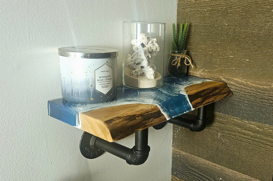 Live Edge Wooden Shelf with Beach Ocean Resin Waves and Iron Pipe Brackets / Wood and Epoxy Shelf / Bathroom Decor / Contemporary Wood Art