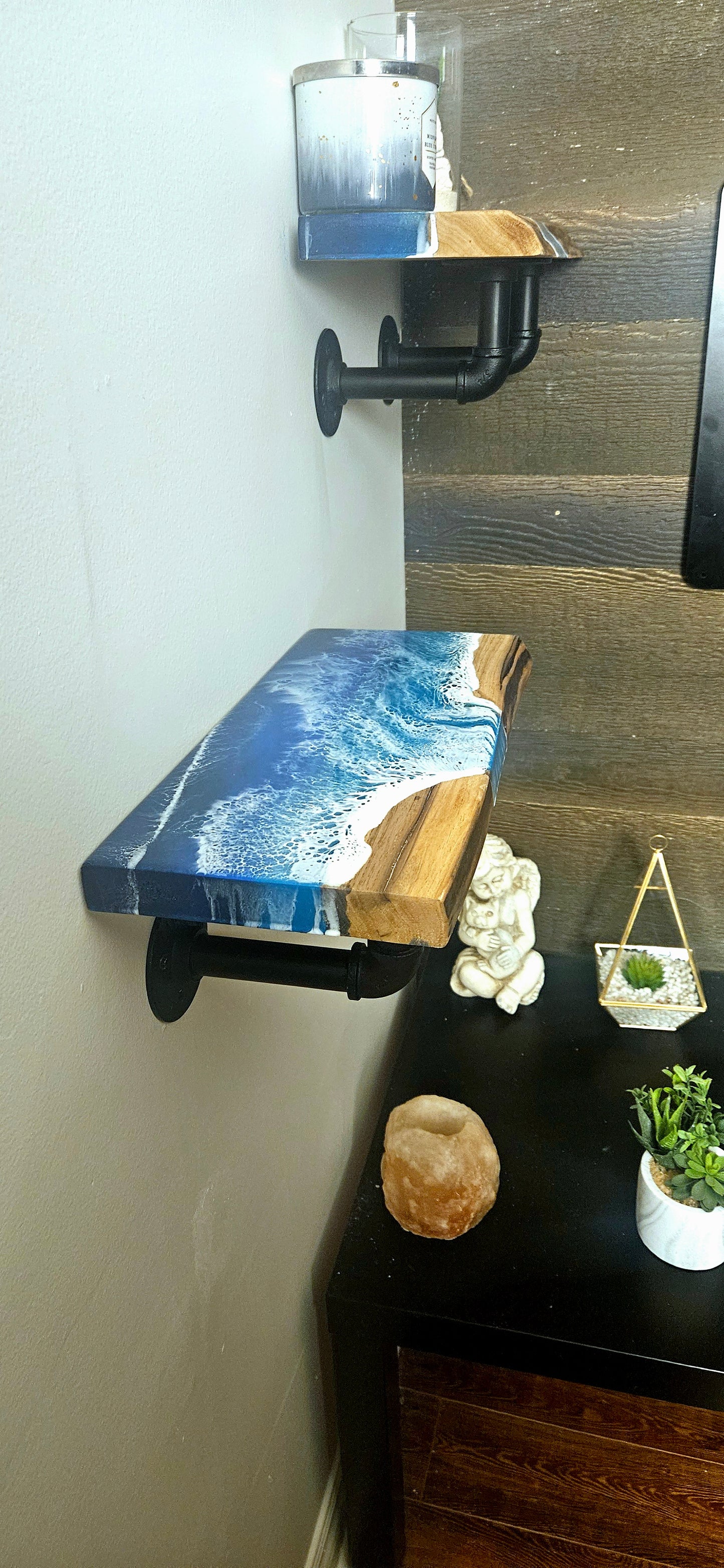 Live Edge Wooden Shelf with Beach Ocean Resin Waves and Iron Pipe Brackets / Wood and Epoxy Shelf / Bathroom Decor / Contemporary Wood Art