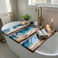 Bath tub with a decorative wooden tray, candles, and wine glasses in a bathroom setting.