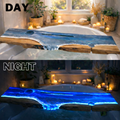 Comparison of a bathtub with a decorative stone slab at day and night.