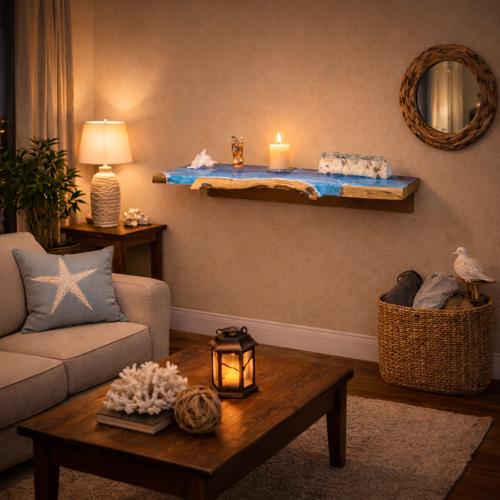 Cozy living room with a couch, coffee table, and decorative items.