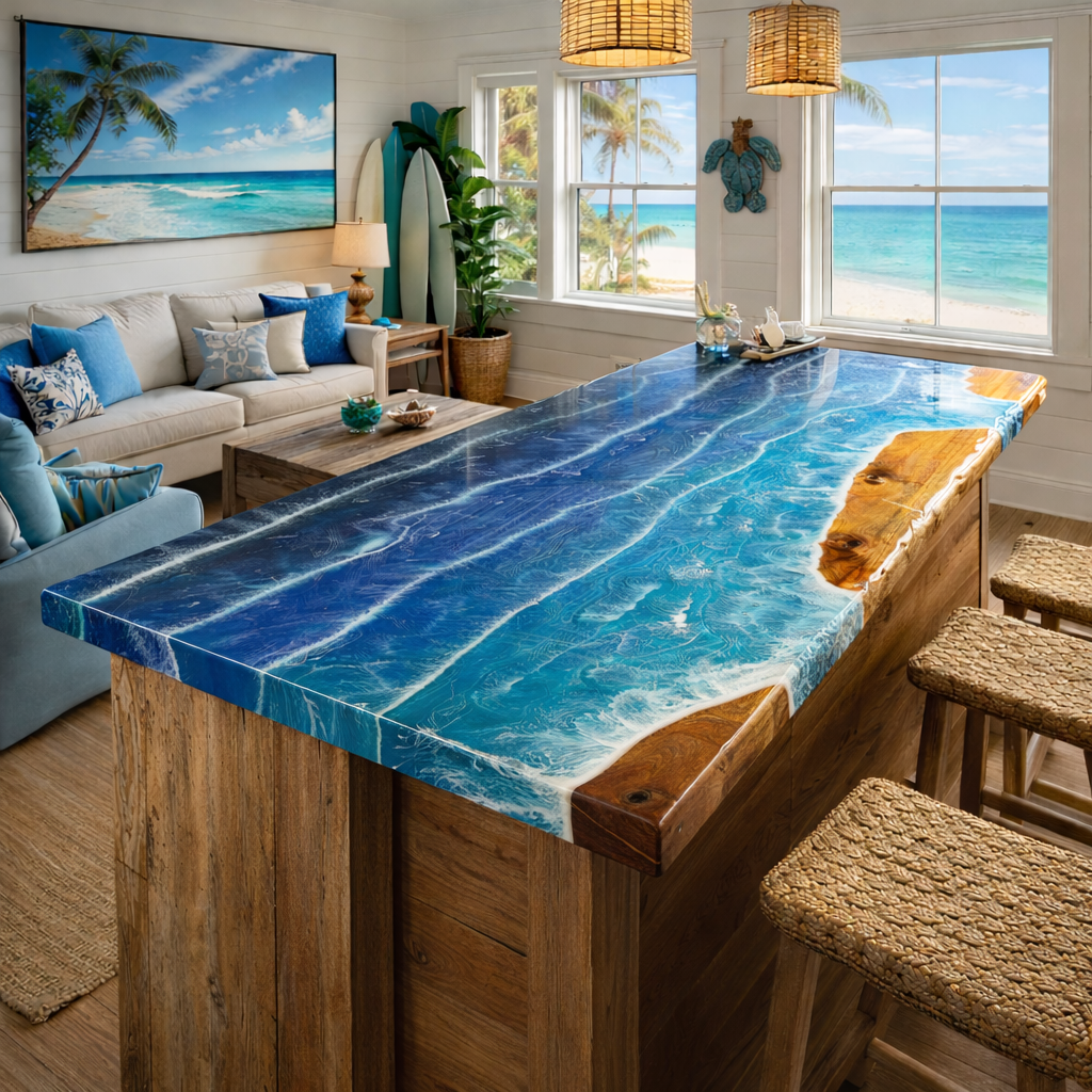 Modern living room with a unique blue resin table and ocean-themed decor.