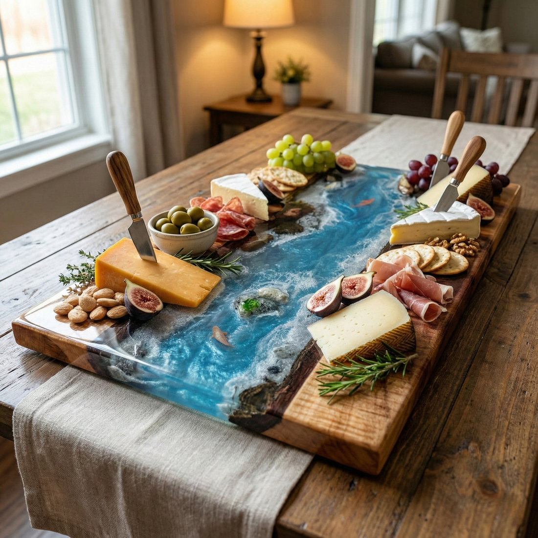 Wooden charcuterie board with a river design, filled with various cheeses, meats, and fruits on a rustic wooden table.
