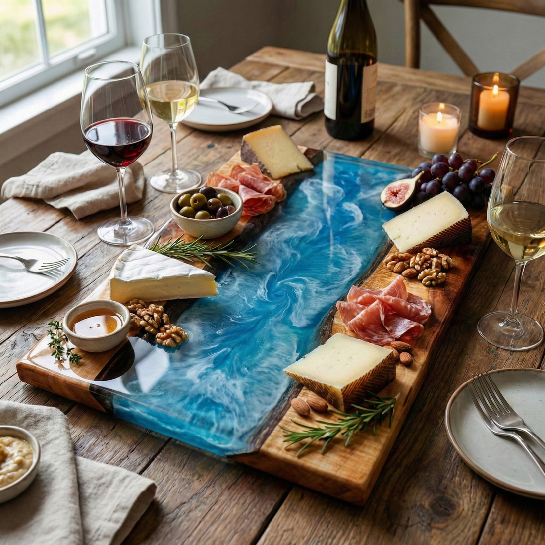 Wooden charcuterie board with a river design, filled with various cheeses, meats, and fruits on a rustic wooden table.