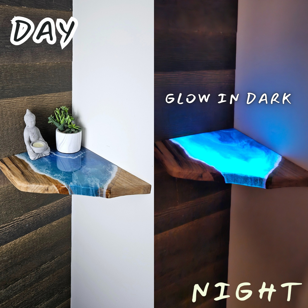 Glow in the Dark Floating Live Edge Corner Wooden Shelf with Beach Ocean Resin Waves / Wood and Epoxy Shelf / Homemade / Plant Shelf / Boho