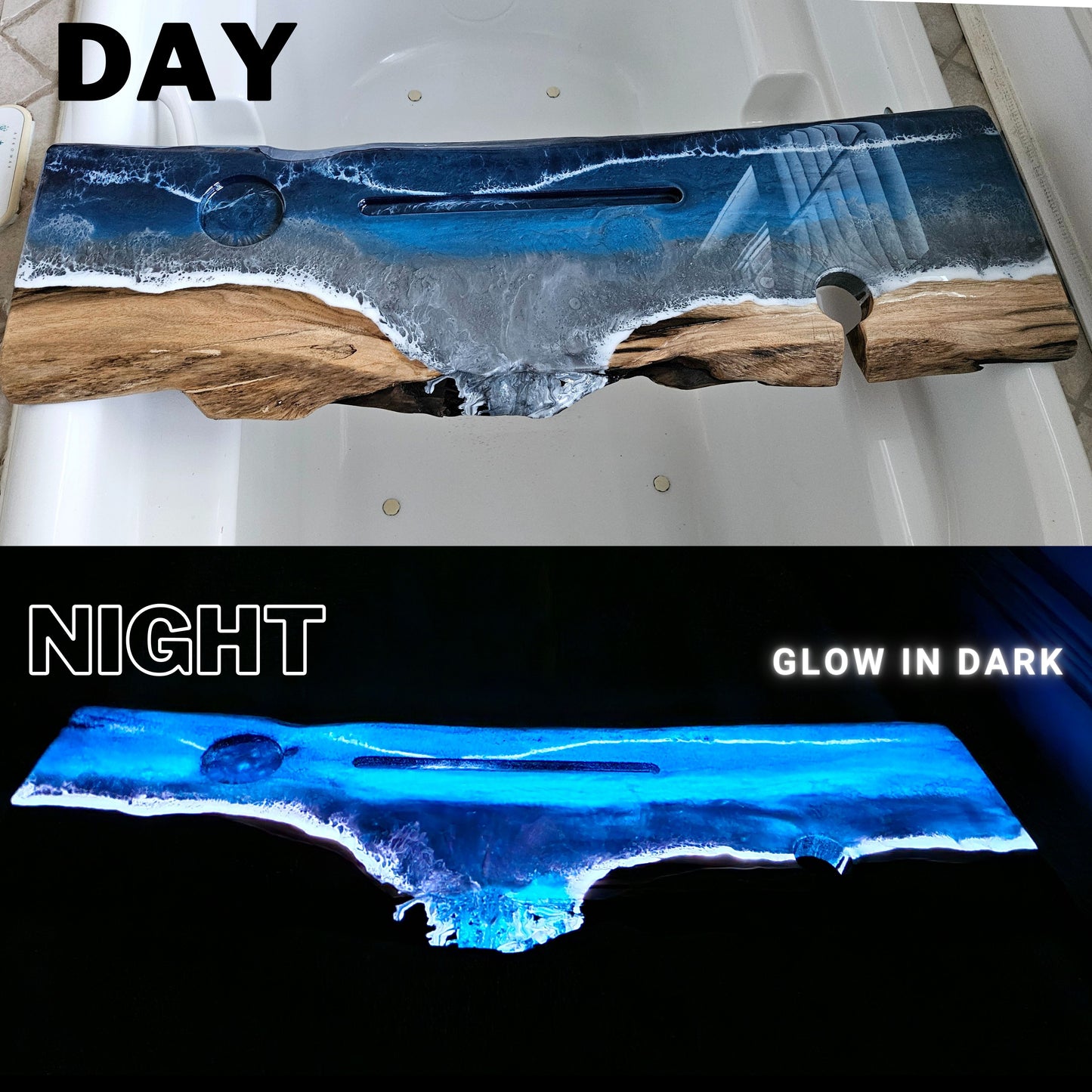 Glow in the dark Bath Caddy, Bathtub Tray, Beach Resin, Ocean, Wood Bath Board, Gift for mum, Bathroom Decor, Live Edge resin, Bathroom art