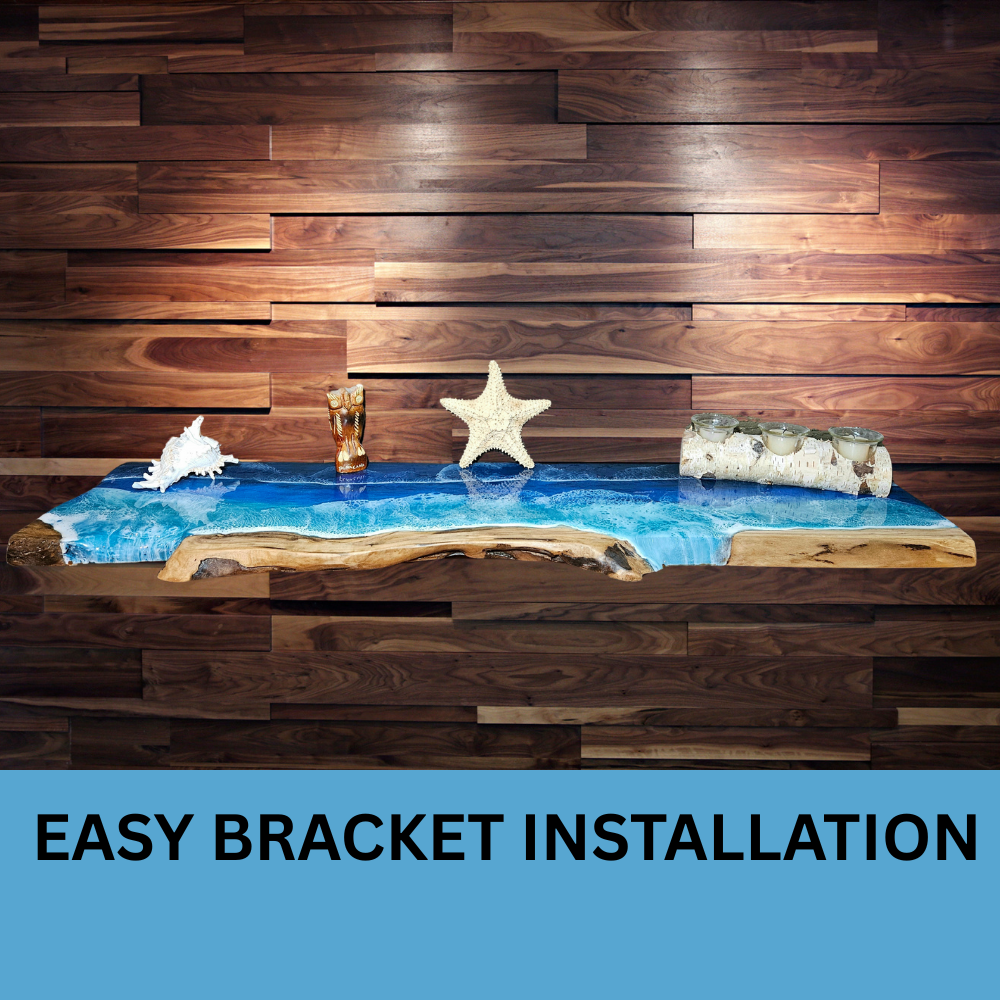 Live Edge Floating Shelf of Epoxy Resin & Wood EASY BRACKET INSTALLATION