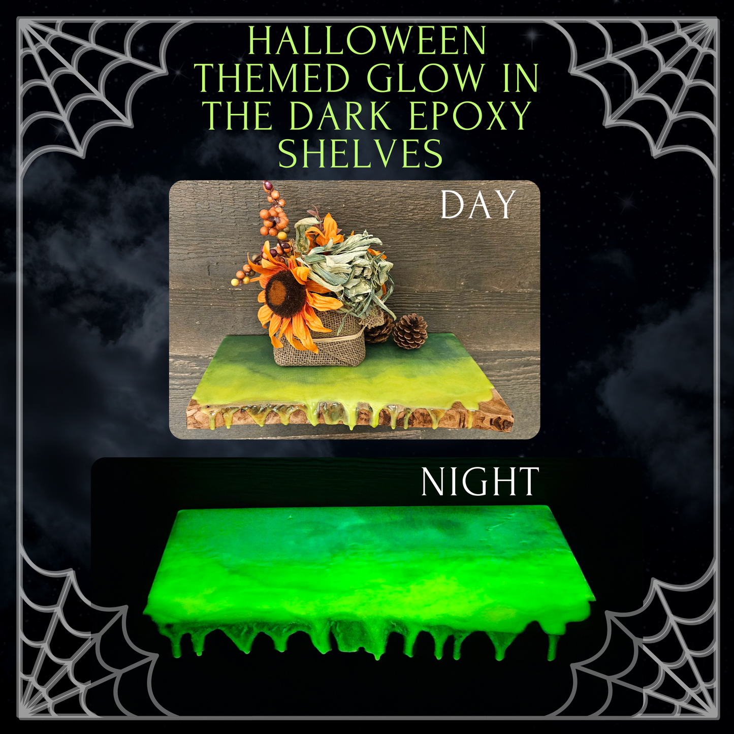 Halloween Themed Glow in the Dark Epoxy Resin Floating Live Edge Wooden Shelf / Wood and Epoxy Shelf / Halloween Decor / Fall Autumn Season