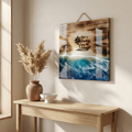 Decorative wall art with beach theme on a wall above a wooden console table with a vase and bowl.