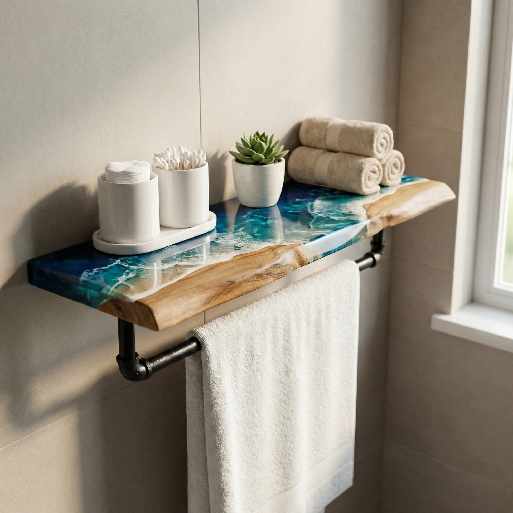 Bathroom shelf with towels, toiletries, and a plant on a light background